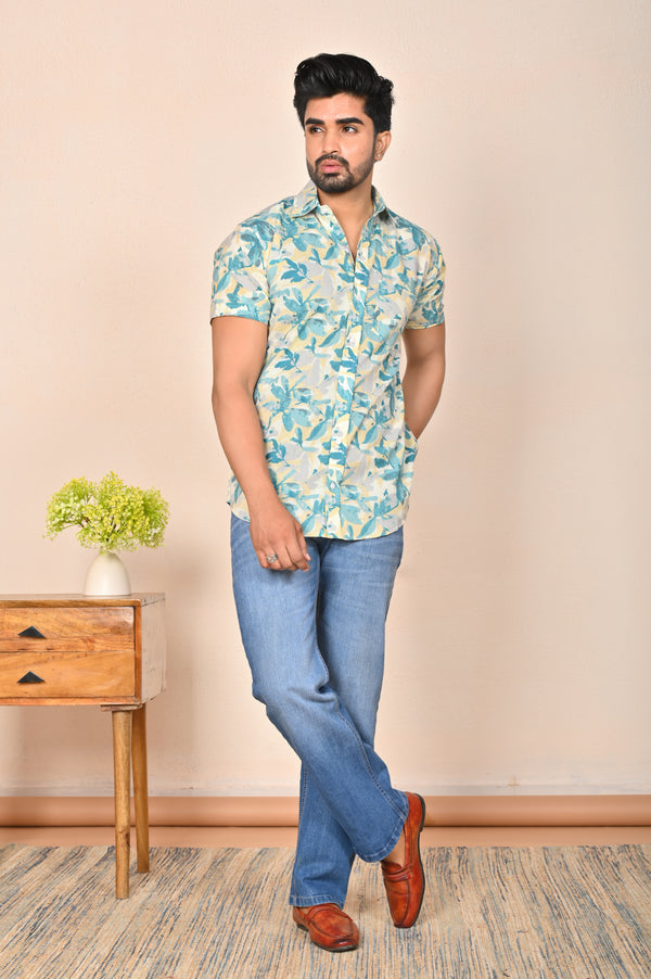 Yellow-Blue Leaf Printed Half Sleeve Shirt for Men