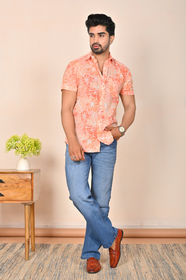 Orange-White Floral Printed Half Sleeve Shirt