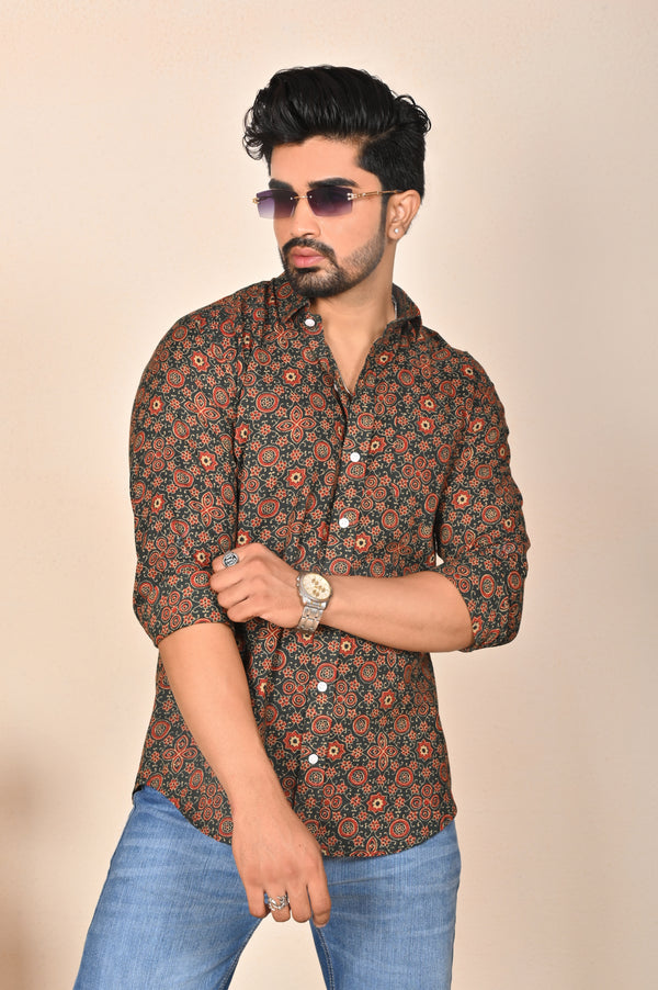 Ajrakh Printed Full Sleeve Cotton Shirt in Rustic Red