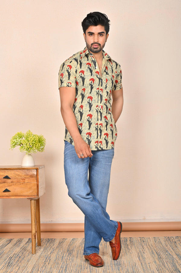 Yellow Botanical Motif Printed Half Sleeve Shirt