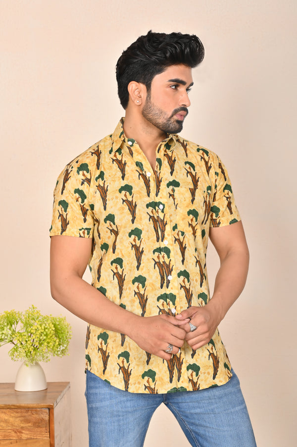 Beige Red Floral Yellow Tree Printed Shirt Half Sleeve