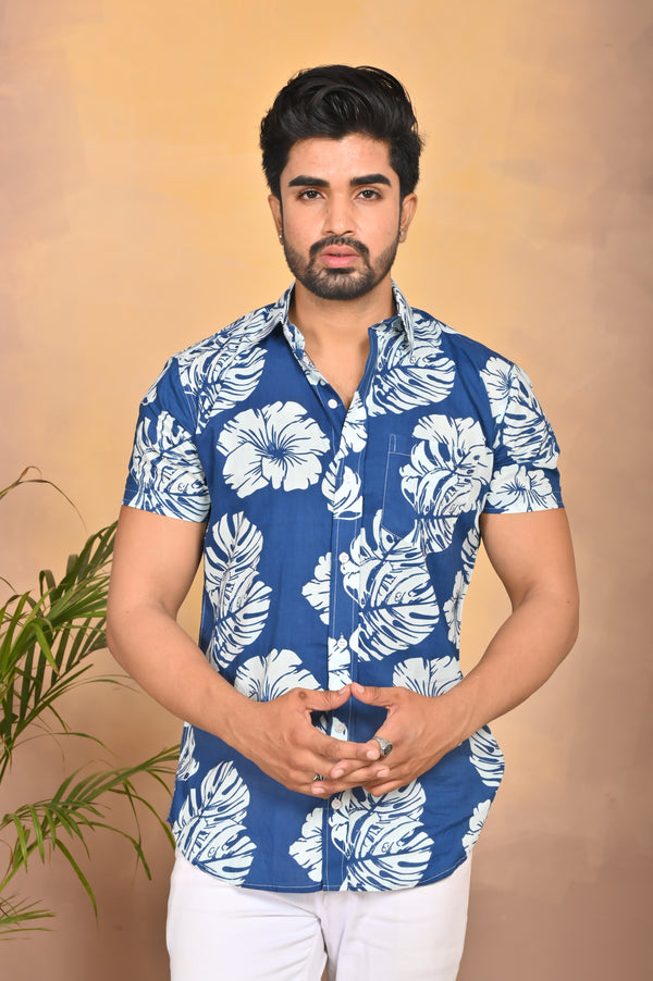 Blue Tropical Floral Printed Cotton Shirt Half Sleeve