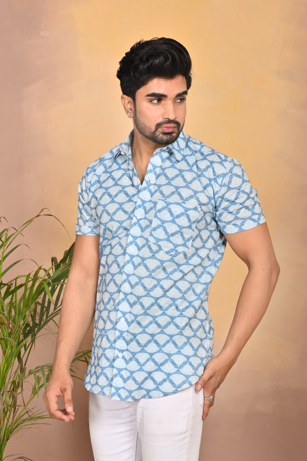 Blue and White Geometric Sea Shell Printed Shirt Half Sleeves