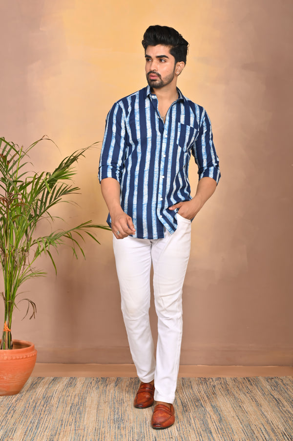 Men’s Blue and White Striped Full Sleeve Printed Shirt