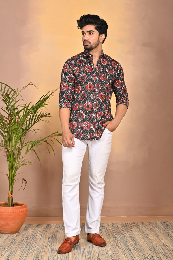 Red and Black Floral Patterned Full Sleeve Printed Shirt for Men's