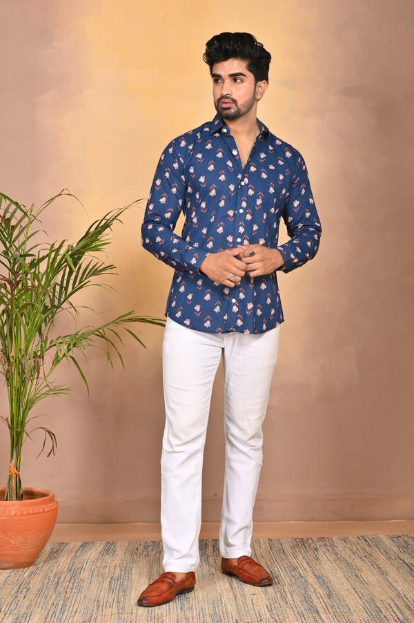 Navy Blue Floral Print Long-Sleeve Button-Up Casual Shirt