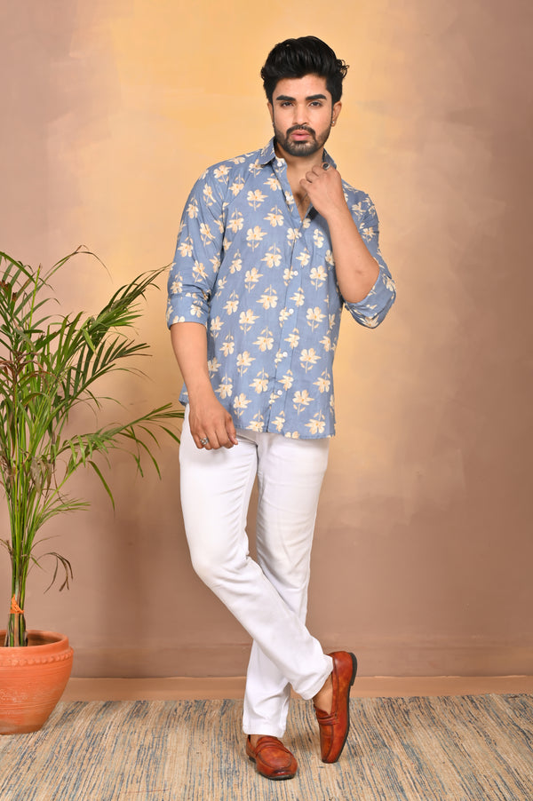 Sky Blue Daisy Print Full Sleeve Shirt for Men