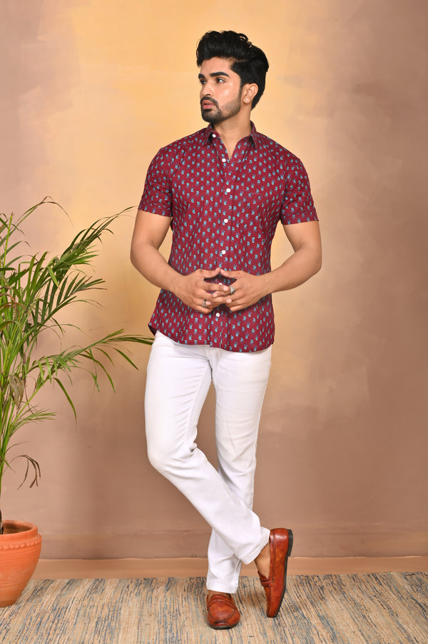 Maroon Paisley Booti Print Short-Sleeve Shirt for Mens